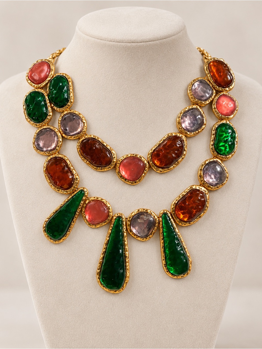 ZARA Multicolor Resin Gem Statement Necklace Gold Tone Oversized